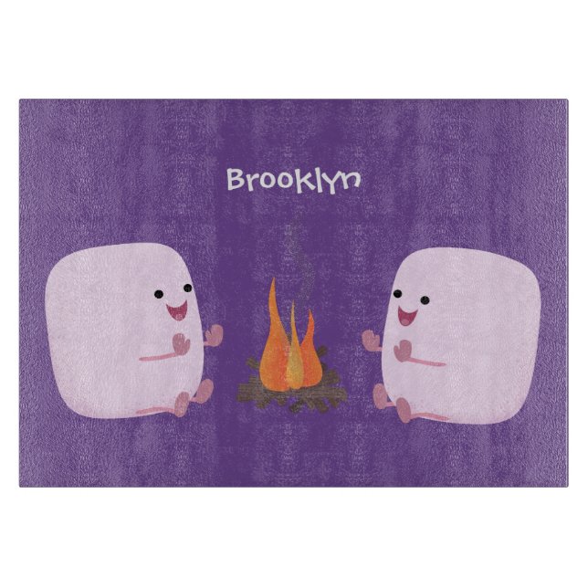 Cute pink marshmallows by camp fire cartoon cutting board (Front)