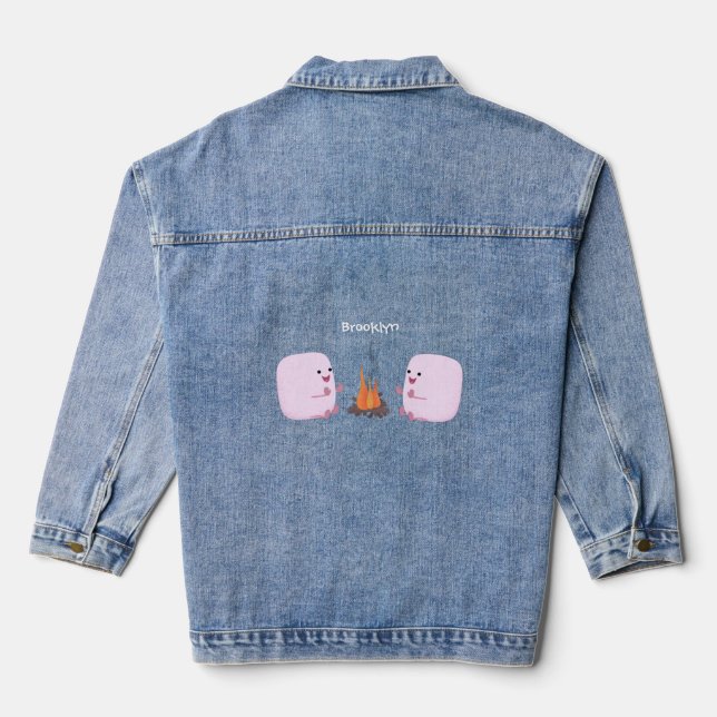 Cute pink marshmallows by camp fire cartoon denim jacket (Back)