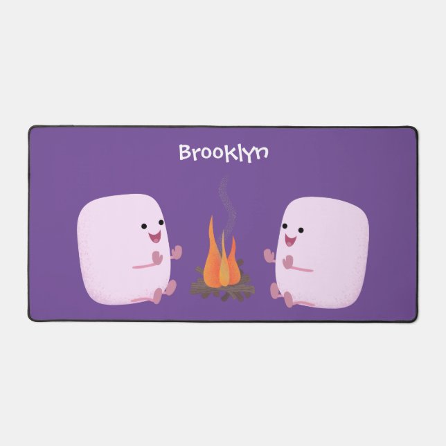 Cute pink marshmallows by camp fire cartoon desk mat (Front)