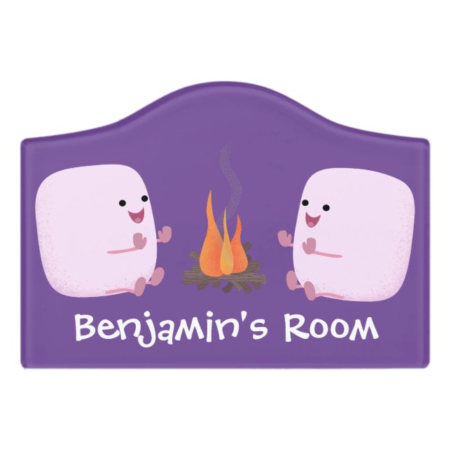 Cute pink marshmallows by camp fire cartoon door sign (Small Crest Front)