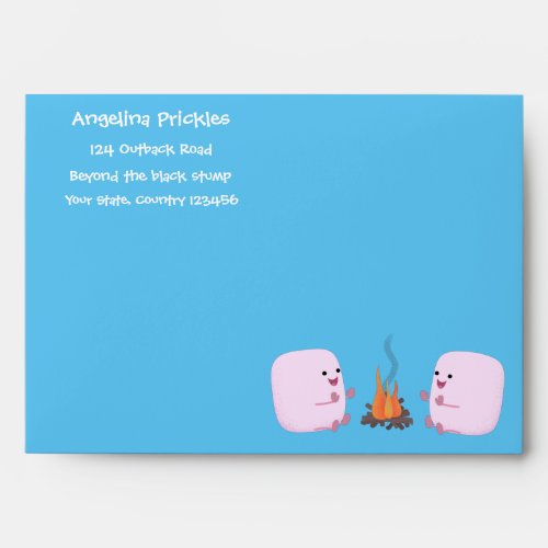 Cute pink marshmallows by camp fire cartoon envelope