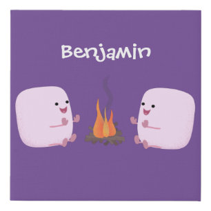 Cute pink marshmallows by camp fire cartoon faux canvas print