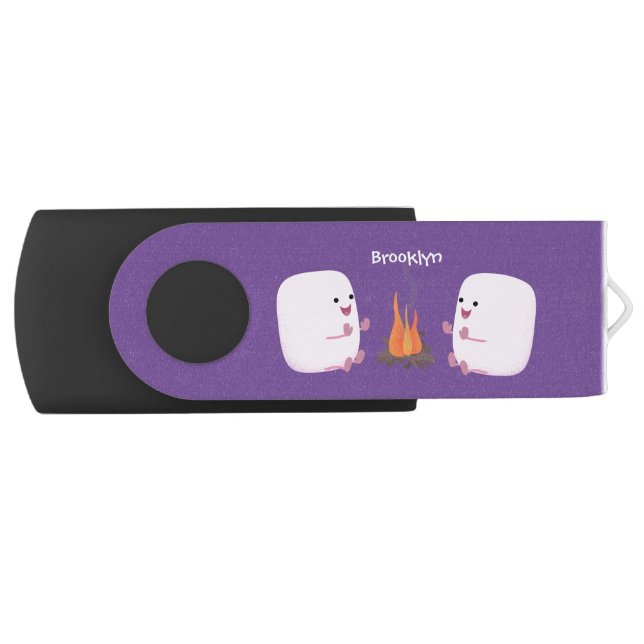 Cute pink marshmallows by camp fire cartoon flash drive (Front)