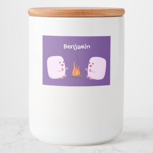 Cute pink marshmallows by camp fire cartoon food label