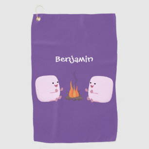 Cute pink marshmallows by camp fire cartoon golf towel