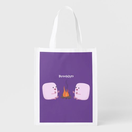 Cute pink marshmallows by camp fire cartoon grocery bag