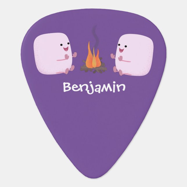 Cute pink marshmallows by camp fire cartoon  guitar pick (Front)