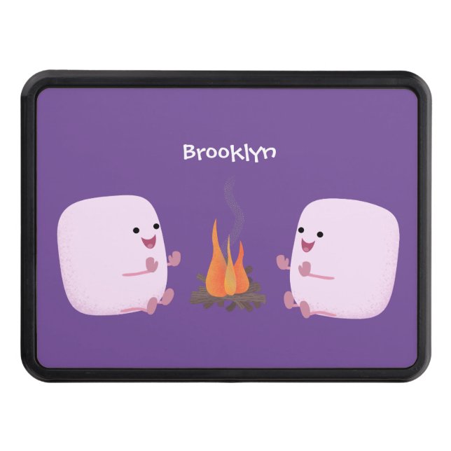 Cute pink marshmallows by camp fire cartoon hitch cover (Front)