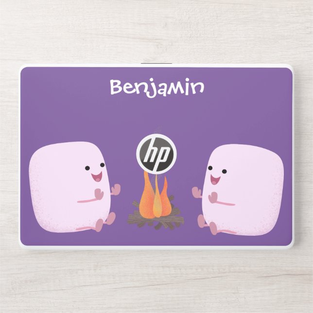 Cute pink marshmallows by camp fire cartoon HP laptop skin (Front)