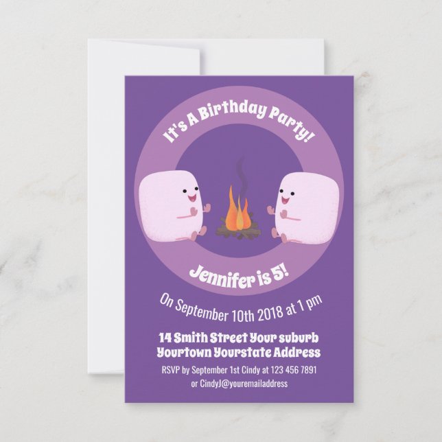 Cute pink marshmallows by camp fire cartoon invitation (Front)