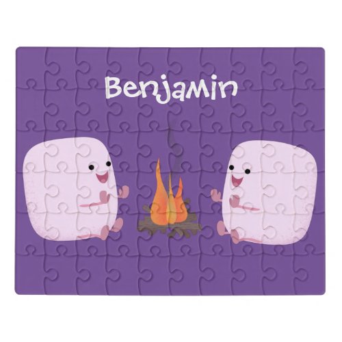 Cute pink marshmallows by camp fire cartoon jigsaw puzzle