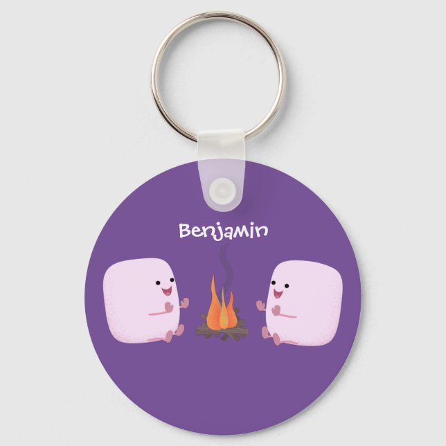 Cute pink marshmallows by camp fire cartoon keychain (Front)