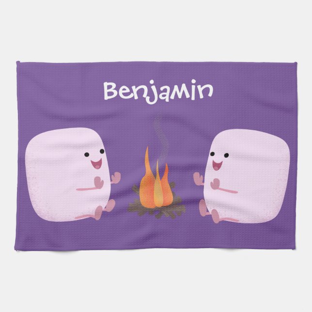 Cute pink marshmallows by camp fire cartoon kitchen towel (Horizontal)