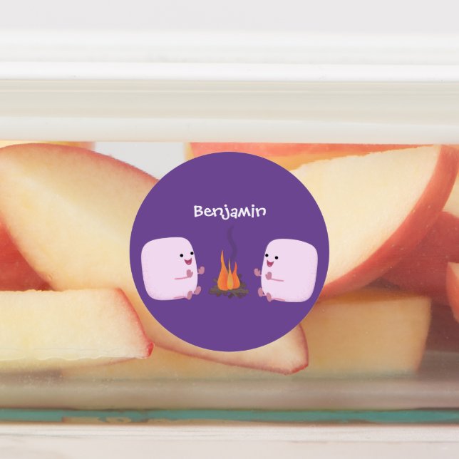 Cute pink marshmallows by camp fire cartoon labels (Affixed)