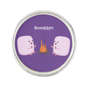 Cute pink marshmallows by camp fire cartoon lapel pin