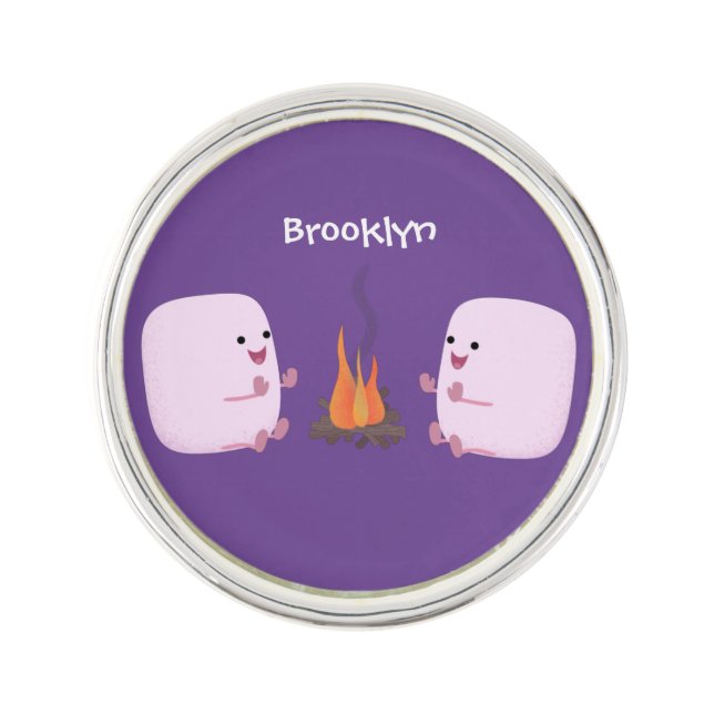 Cute pink marshmallows by camp fire cartoon lapel pin (Front)