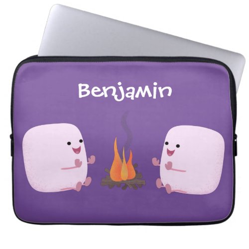 Cute pink marshmallows by camp fire cartoon laptop sleeve