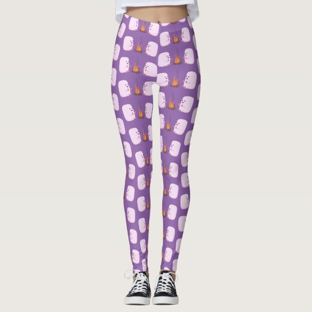 Cute pink marshmallows by camp fire cartoon leggings (Front)