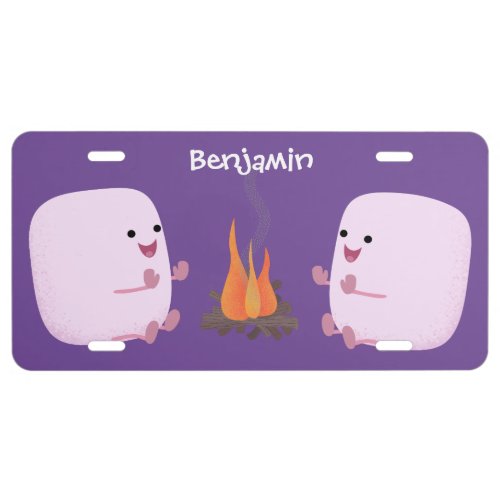 Cute pink marshmallows by camp fire cartoon license plate