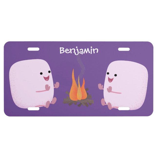 Cute pink marshmallows by camp fire cartoon license plate (Front)