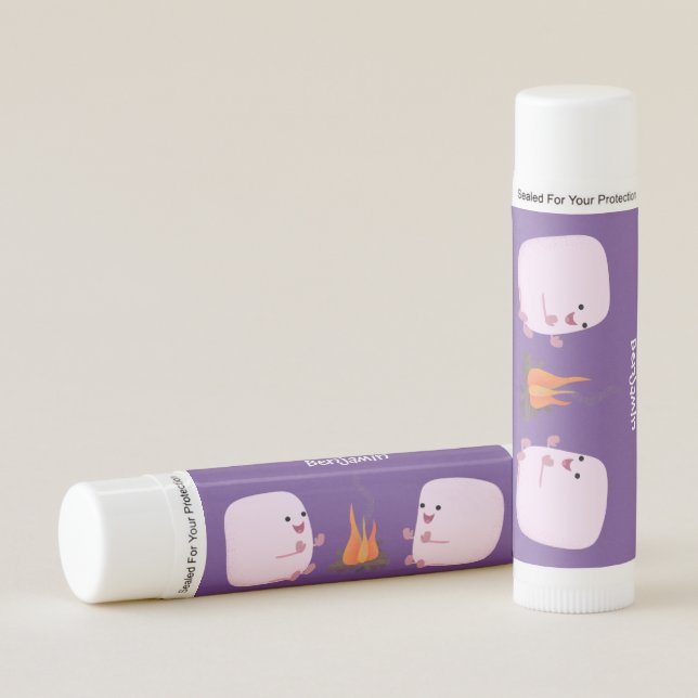 Cute pink marshmallows by camp fire cartoon lip balm (Front)
