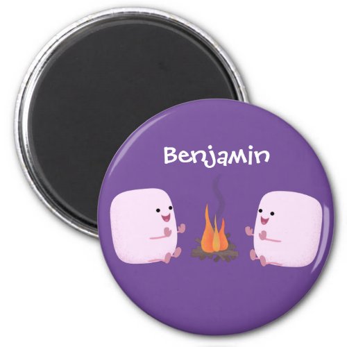 Cute pink marshmallows by camp fire cartoon magnet