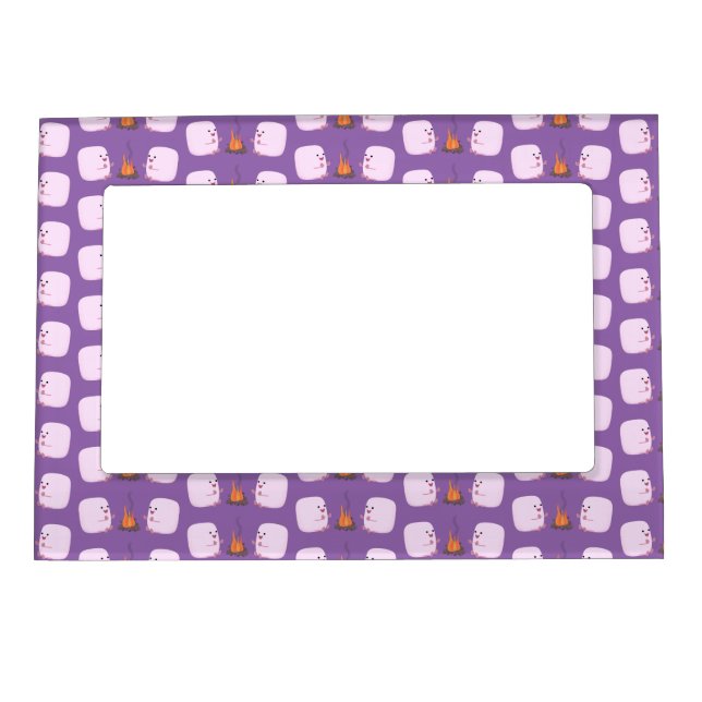 Cute pink marshmallows by camp fire cartoon magnetic frame (Front)