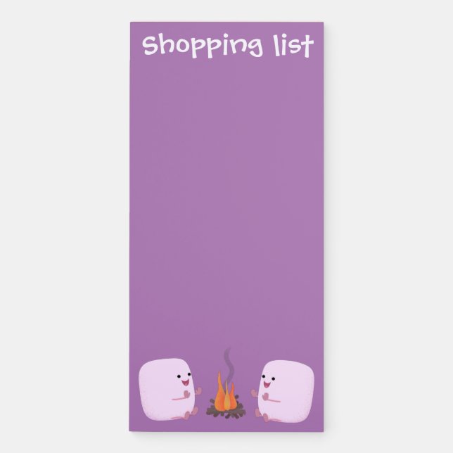Cute pink marshmallows by camp fire cartoon magnetic notepad (Front)
