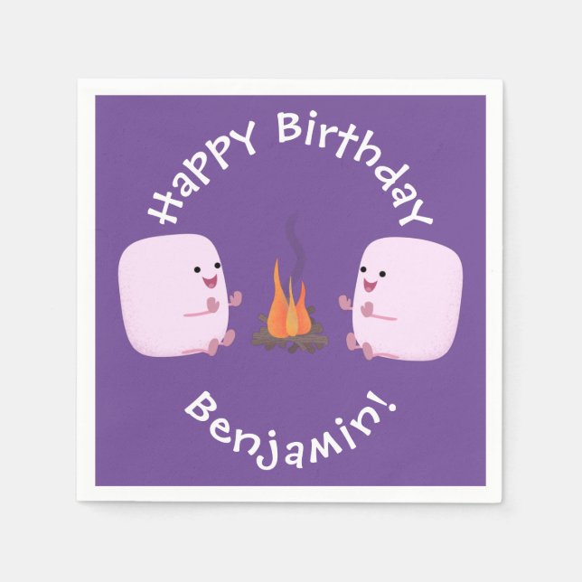Cute pink marshmallows by camp fire cartoon napkins (Front)