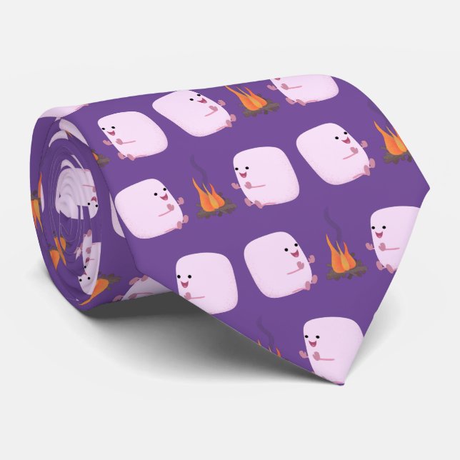 Cute pink marshmallows by camp fire cartoon neck tie (Rolled)