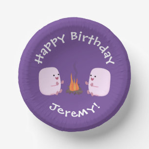 Cute pink marshmallows by camp fire cartoon paper bowls