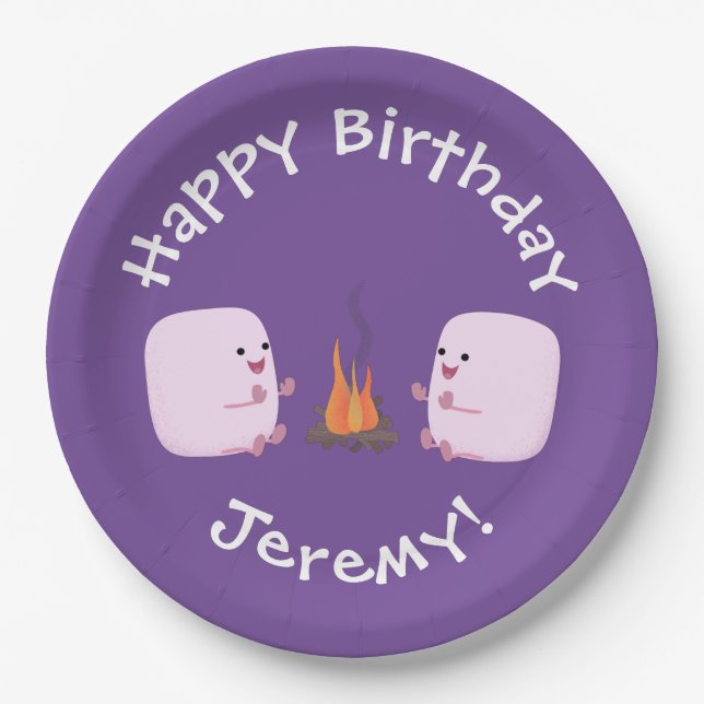 Cute pink marshmallows by camp fire cartoon paper plates (Front)