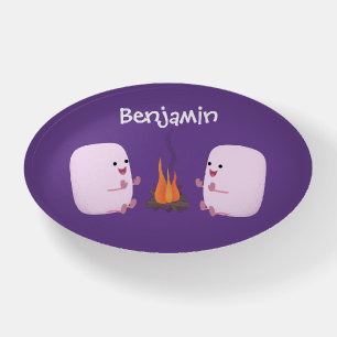 Cute pink marshmallows by camp fire cartoon paperweight