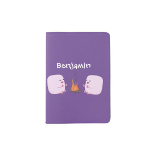 Cute pink marshmallows by camp fire cartoon passport holder