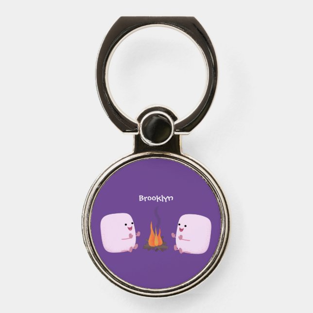 Cute pink marshmallows by camp fire cartoon phone ring stand (Front)