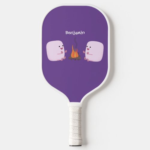 Cute pink marshmallows by camp fire cartoon pickleball paddle