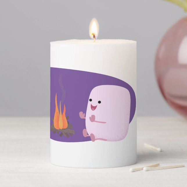 Cute pink marshmallows by camp fire cartoon pillar candle (In Situ)