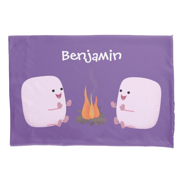 Cute pink marshmallows by camp fire cartoon pillow case (Front)