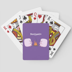 Cute pink marshmallows by camp fire cartoon poker cards