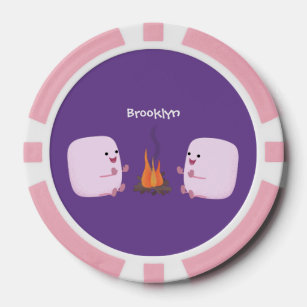 Cute pink marshmallows by camp fire cartoon poker chips