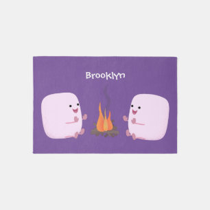 Cute pink marshmallows by camp fire cartoon rug