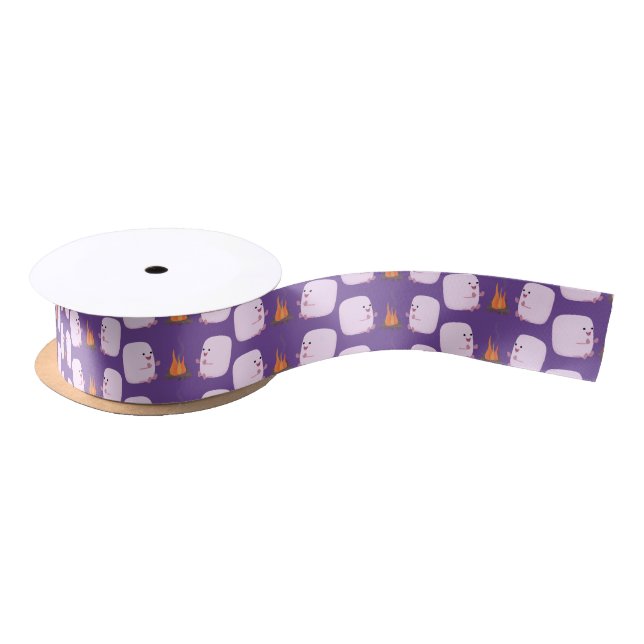 Cute pink marshmallows by camp fire cartoon satin ribbon (Spool)
