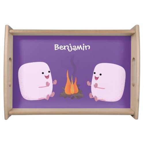 Cute pink marshmallows by camp fire cartoon serving tray