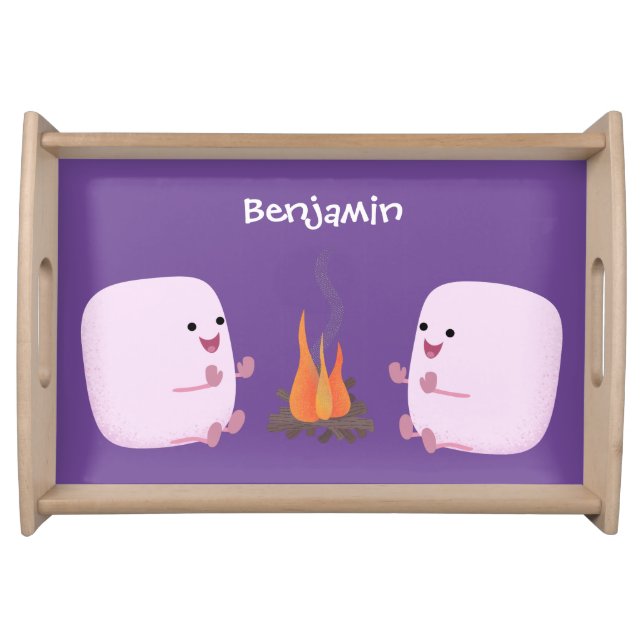 Cute pink marshmallows by camp fire cartoon serving tray (Front)