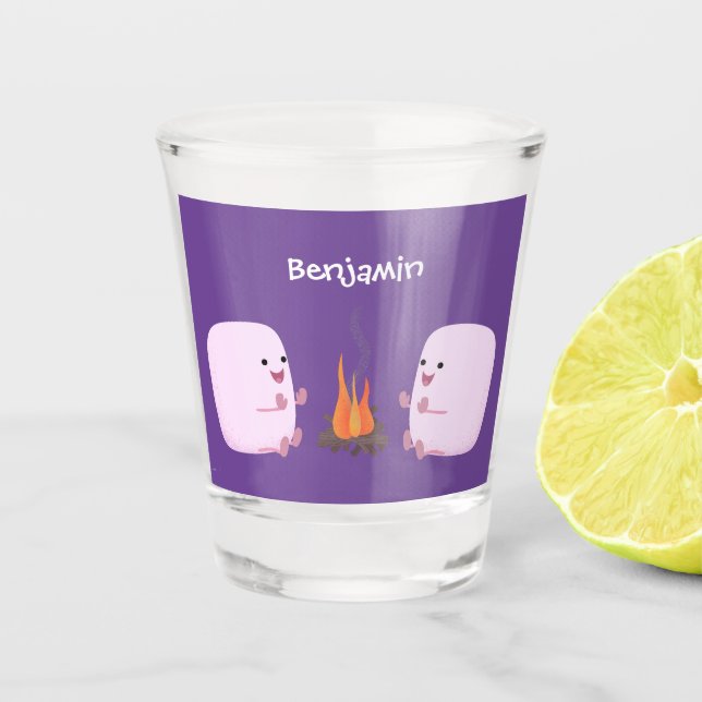 Cute pink marshmallows by camp fire cartoon shot glass (Front)