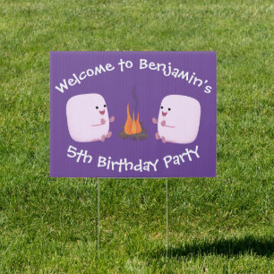 Cute pink marshmallows by camp fire cartoon sign