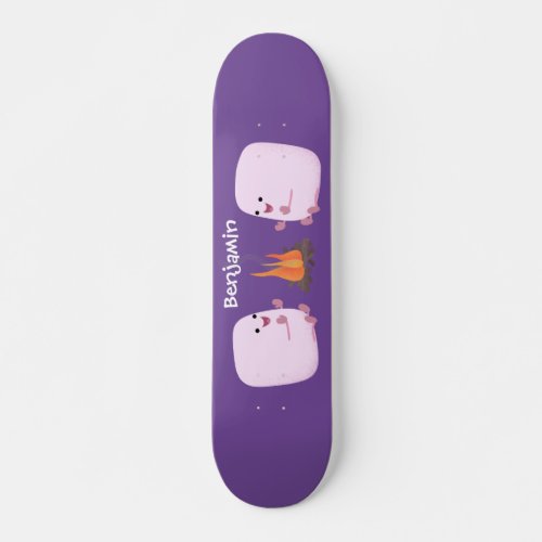 Cute pink marshmallows by camp fire cartoon skateboard