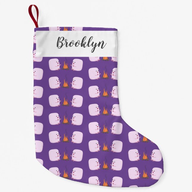 Cute pink marshmallows by camp fire cartoon small christmas stocking (Front)