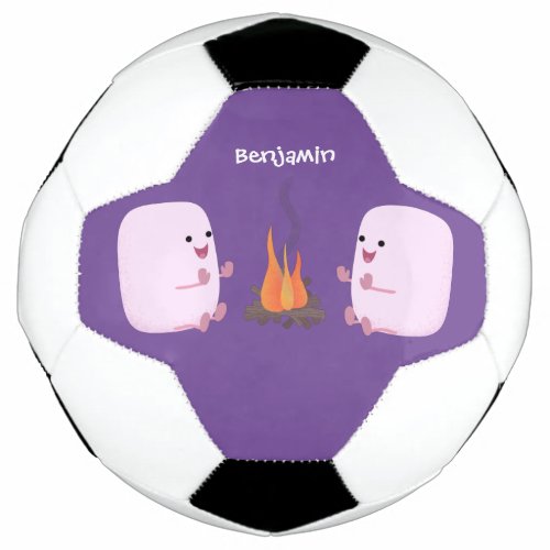 Cute pink marshmallows by camp fire cartoon soccer ball