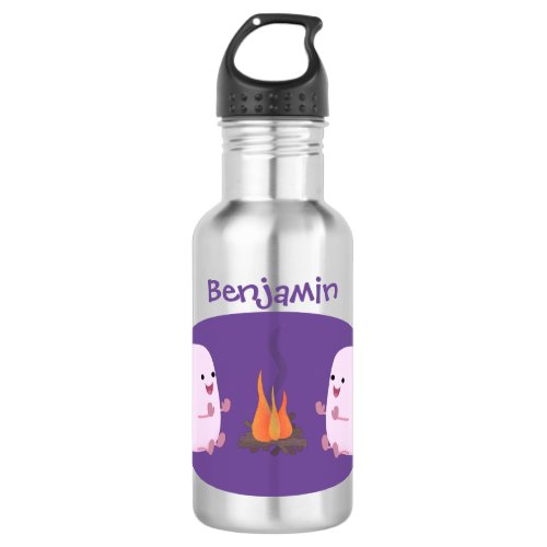 Cute pink marshmallows by camp fire cartoon stainless steel water bottle